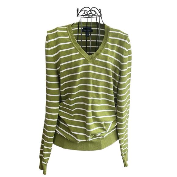 Tommy Hilfiger Classic Women's M Long Sleeve V Neck Cotton Green Stripe Sweater - Picture 1 of 7